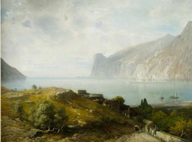 idyllischer Blick auf torbole am Gardasee, hier in einem Ölgemälde von Ludwig Gebhardt aus der 2. Hälfte des 19. Jahrhunderts. Von hier ist es noch ein Katzensprung in die Emilia Romagna.